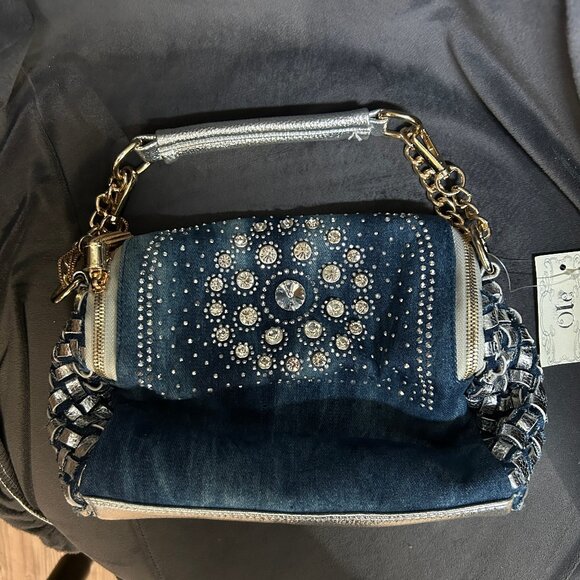 New Denim & Rhinestone Handbag, Silver Trim & Gold Tassels, w/Shoulder Strap NWT - Picture 3 of 5